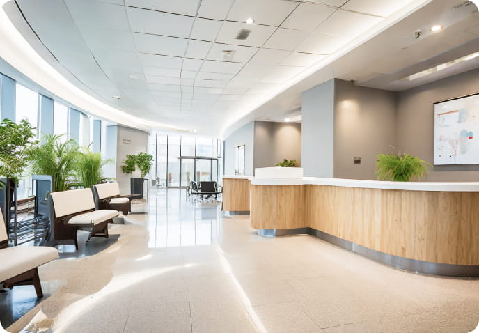モダンな内装の病院またはクリニックの受付エリア、明るい照明と大きな窓が開放感を与え、植物が配置されている